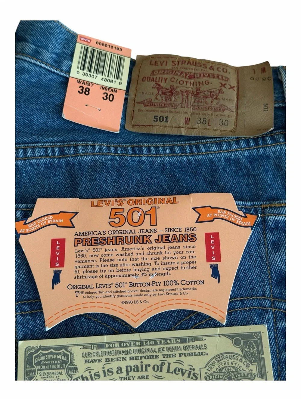 Levi’s Vintage New Old Stock, 501-0193 Button Fly Made in USA Jeans Size W38 L30